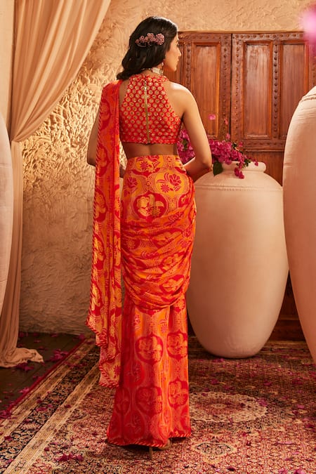 Shop The Royaleum Red Silk Embroidery, Beads Halter Neck Multi Colour Draped Saree Set at Aza Fashions Shop_The Royaleum_Red Silk Embroidery, Beads Halter Neck Multi Colour Draped Saree Set _at_Aza_Fashions