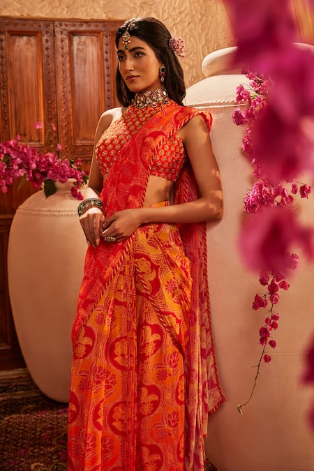 The Royaleum Red Silk Embroidery, Beads Halter Neck Multi Colour Draped Saree Set Online at Aza Fashions The Royaleum_Red Silk Embroidery, Beads Halter Neck Multi Colour Draped Saree Set _Online_at_Aza_Fashions