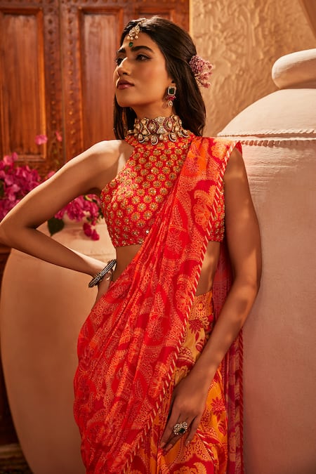 Buy The Royaleum Red Silk Embroidery, Beads Halter Neck Multi Colour Draped Saree Set Online at Aza Fashions Buy_The Royaleum_Red Silk Embroidery, Beads Halter Neck Multi Colour Draped Saree Set _Online_at_Aza_Fashions