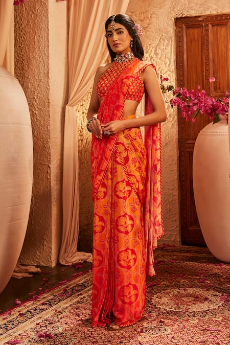 Shop The Royaleum Red Silk Embroidery, Beads Halter Neck Multi Colour Draped Saree Set Online at Aza Fashions Shop_The Royaleum_Red Silk Embroidery, Beads Halter Neck Multi Colour Draped Saree Set _Online_at_Aza_Fashions