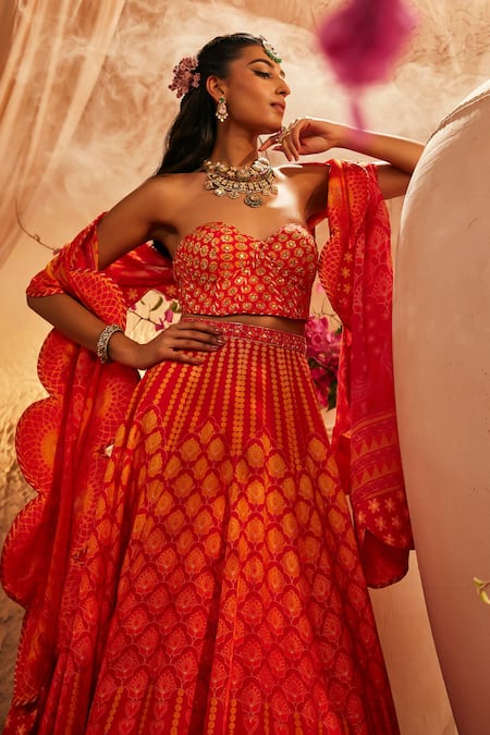 The Royaleum Red Silk Embroidery Sweetheart Neck Multi Colour Lehenga Set Online at Aza Fashions The Royaleum_Red Silk Embroidery Sweetheart Neck Multi Colour Lehenga Set _Online_at_Aza_Fashions