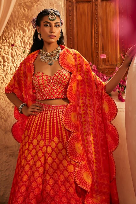 Buy The Royaleum Red Silk Embroidery Sweetheart Neck Multi Colour Lehenga Set Online at Aza Fashions Buy_The Royaleum_Red Silk Embroidery Sweetheart Neck Multi Colour Lehenga Set _Online_at_Aza_Fashions