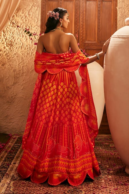 Shop The Royaleum Red Silk Embroidery Sweetheart Neck Multi Colour Lehenga Set at Aza Fashions Shop_The Royaleum_Red Silk Embroidery Sweetheart Neck Multi Colour Lehenga Set _at_Aza_Fashions