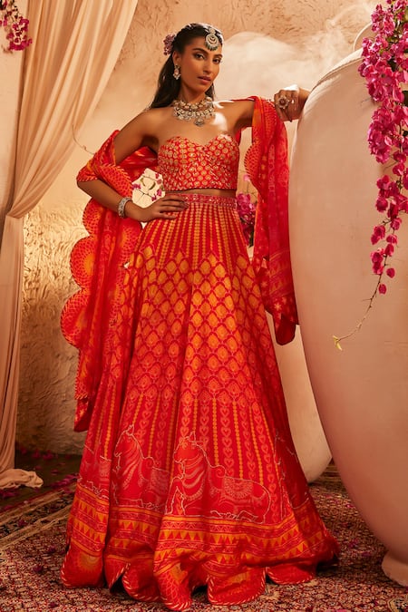 Shop The Royaleum Red Silk Embroidery Sweetheart Neck Multi Colour Lehenga Set Online at Aza Fashions Shop_The Royaleum_Red Silk Embroidery Sweetheart Neck Multi Colour Lehenga Set _Online_at_Aza_Fashions