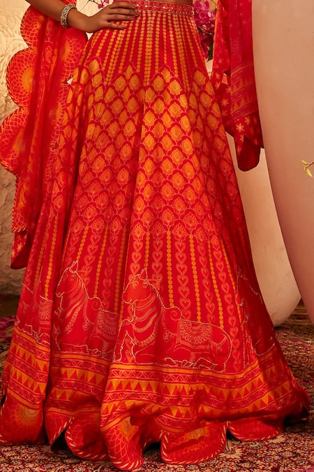 The Royaleum Red Silk Embroidery Sweetheart Neck Multi Colour Lehenga Set at Aza Fashions The Royaleum_Red Silk Embroidery Sweetheart Neck Multi Colour Lehenga Set _at_Aza_Fashions