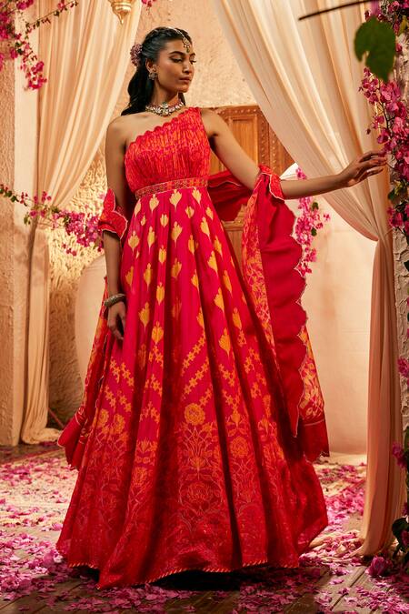 Shop The Royaleum Multi Color Silk Embroidery Regal Printed Anarkali Set With Scallop Dupatta Online at Aza Fashions Shop_The Royaleum_Multi Color Silk Embroidery Regal Printed Anarkali Set With Scallop Dupatta _Online_at_Aza_Fashions