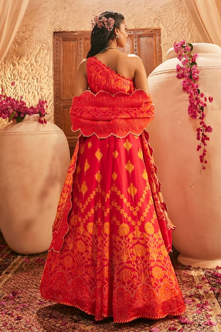 Shop The Royaleum Multi Color Silk Embroidery Regal Printed Anarkali Set With Scallop Dupatta at Aza Fashions Shop_The Royaleum_Multi Color Silk Embroidery Regal Printed Anarkali Set With Scallop Dupatta _at_Aza_Fashions