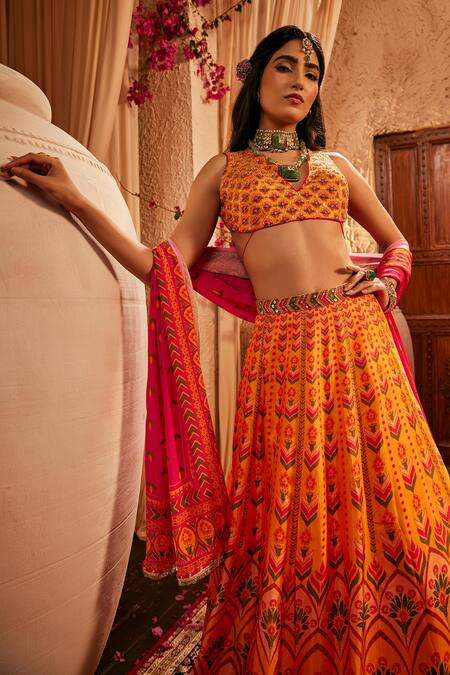The Royaleum_Multi Color Silk Embroidery, Sequins Printed Lehenga Set _Online_at_Aza_Fashions