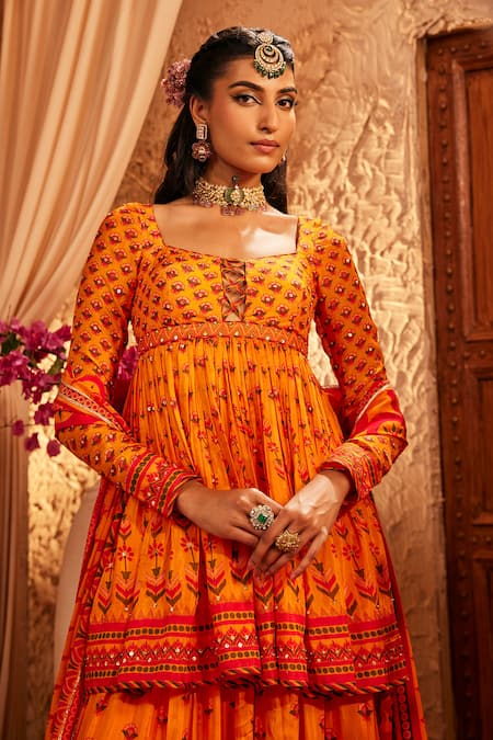 The Royaleum_Orange Silk Embroidery Keyhole Neck Multi Colour Sharara Set _Online_at_Aza_Fashions
