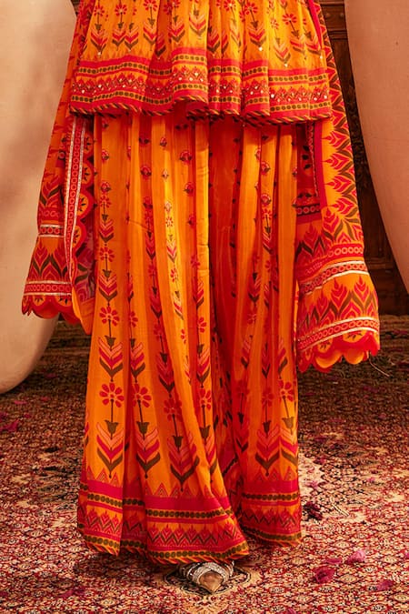 Buy_The Royaleum_Orange Silk Embroidery Keyhole Neck Multi Colour Sharara Set _Online_at_Aza_Fashions