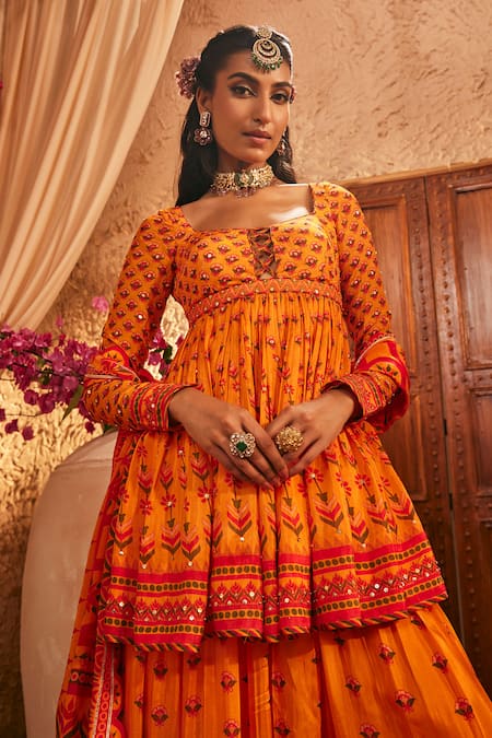 Shop_The Royaleum_Orange Silk Embroidery Keyhole Neck Multi Colour Sharara Set _Online_at_Aza_Fashions