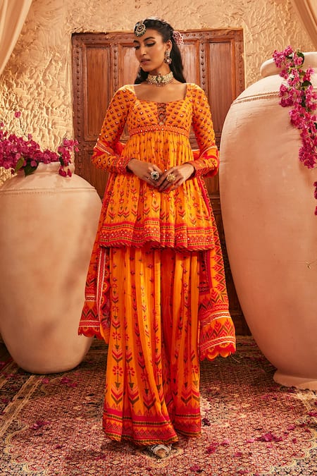 The Royaleum_Orange Silk Embroidery Keyhole Neck Multi Colour Sharara Set _at_Aza_Fashions