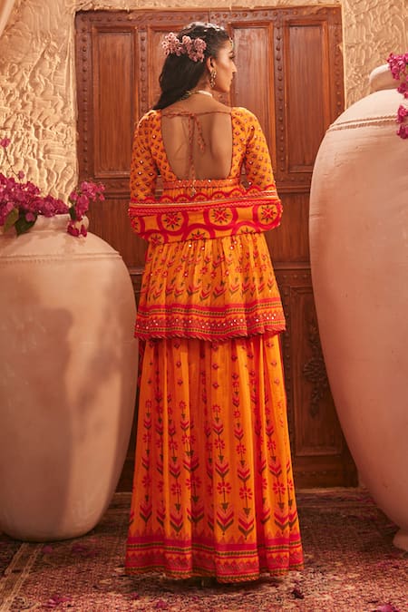 Shop_The Royaleum_Orange Silk Embroidery Keyhole Neck Multi Colour Sharara Set _at_Aza_Fashions
