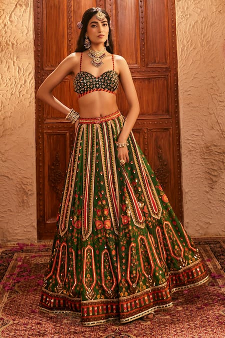 Buy The Royaleum Multi Color Silk Mirrors, Embroidery Sweetheart Neck Green Lehenga Set Online at Aza Fashions Buy_The Royaleum_Multi Color Silk Mirrors, Embroidery Sweetheart Neck Green Lehenga Set _Online_at_Aza_Fashions