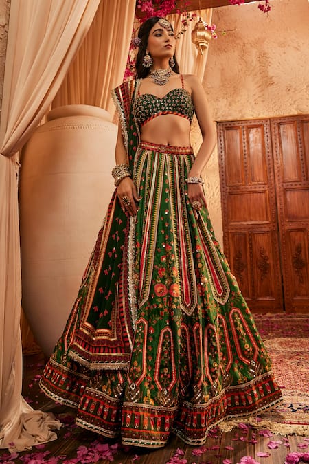 Shop The Royaleum Multi Color Silk Mirrors, Embroidery Sweetheart Neck Green Lehenga Set Online at Aza Fashions Shop_The Royaleum_Multi Color Silk Mirrors, Embroidery Sweetheart Neck Green Lehenga Set _Online_at_Aza_Fashions