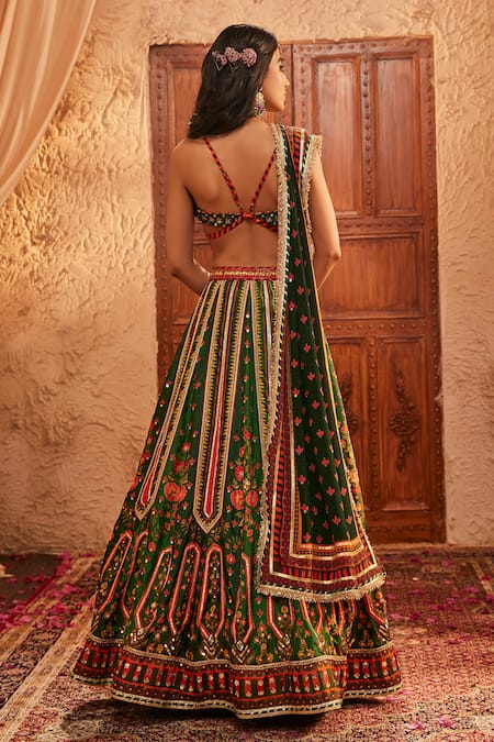 Shop The Royaleum Multi Color Silk Mirrors, Embroidery Sweetheart Neck Green Lehenga Set at Aza Fashions Shop_The Royaleum_Multi Color Silk Mirrors, Embroidery Sweetheart Neck Green Lehenga Set _at_Aza_Fashions