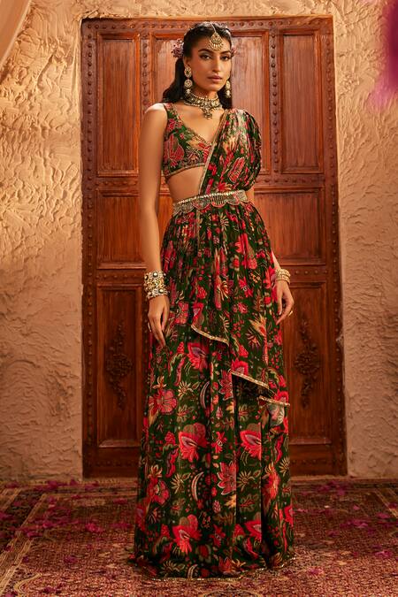 Buy_The Royaleum_Green Silk Embroidery, Zari, Metallic Thread Floral Ruffle Pre-draped Saree Set _Online_at_Aza_Fashions