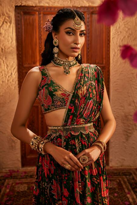 Shop_The Royaleum_Green Silk Embroidery, Zari, Metallic Thread Floral Ruffle Pre-draped Saree Set _Online_at_Aza_Fashions