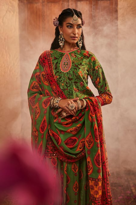 The Royaleum_Green Silk Mirrors Round Neck Multi Colour Paisley Sharara Set _Online_at_Aza_Fashions