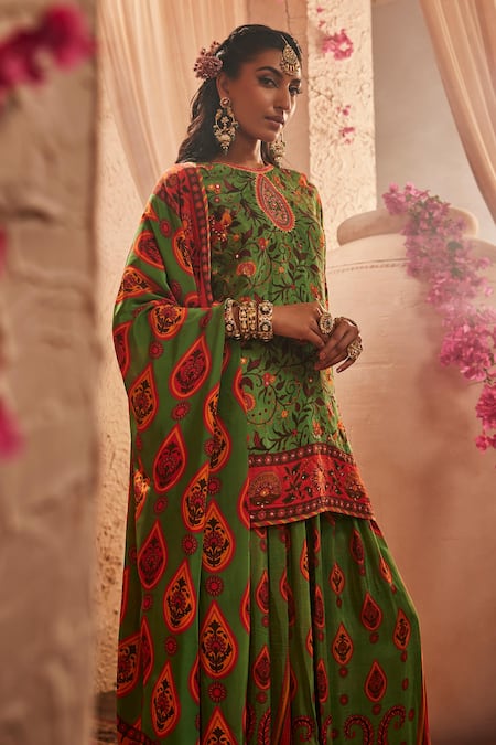 Shop_The Royaleum_Green Silk Mirrors Round Neck Multi Colour Paisley Sharara Set _Online_at_Aza_Fashions