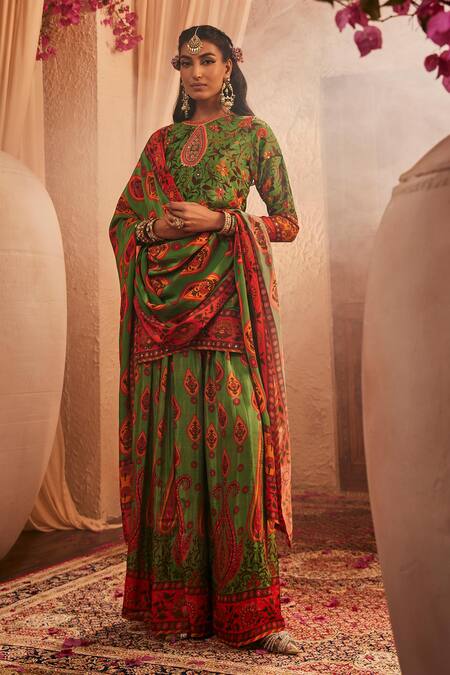 The Royaleum_Green Silk Mirrors Round Neck Multi Colour Paisley Sharara Set _at_Aza_Fashions
