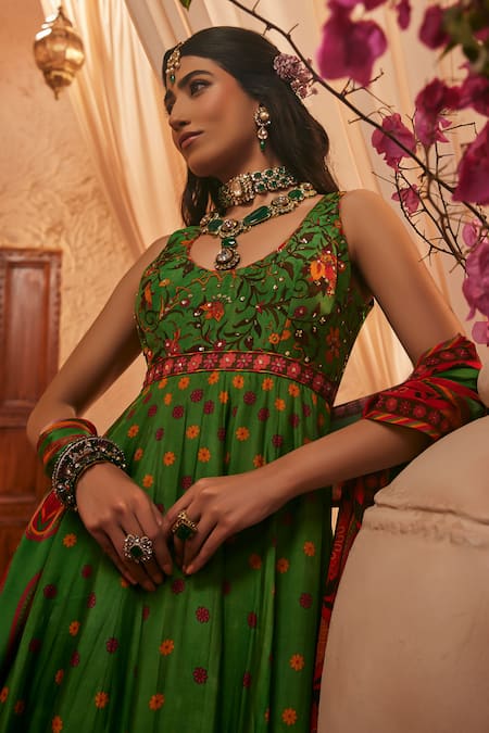 The Royaleum_Multi Color Silk Mirrors, Embroidery Round Neck Printed Anarkali Set _Online_at_Aza_Fashions