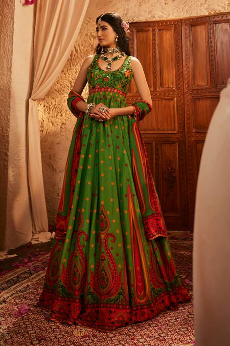 Buy_The Royaleum_Multi Color Silk Mirrors, Embroidery Round Neck Printed Anarkali Set _Online_at_Aza_Fashions