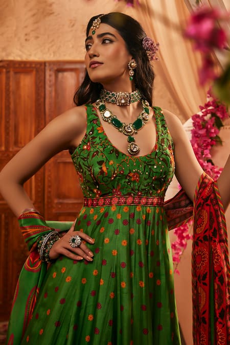 Shop_The Royaleum_Multi Color Silk Mirrors, Embroidery Round Neck Printed Anarkali Set _Online_at_Aza_Fashions