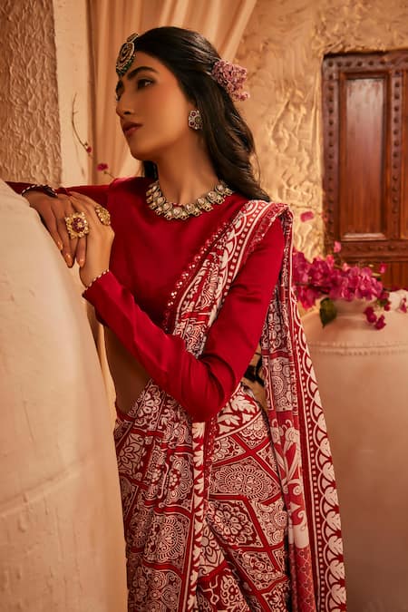 The Royaleum_Multi Color Silk Embroidery Round Neck Red Bandhani Print Saree Set _Online_at_Aza_Fashions
