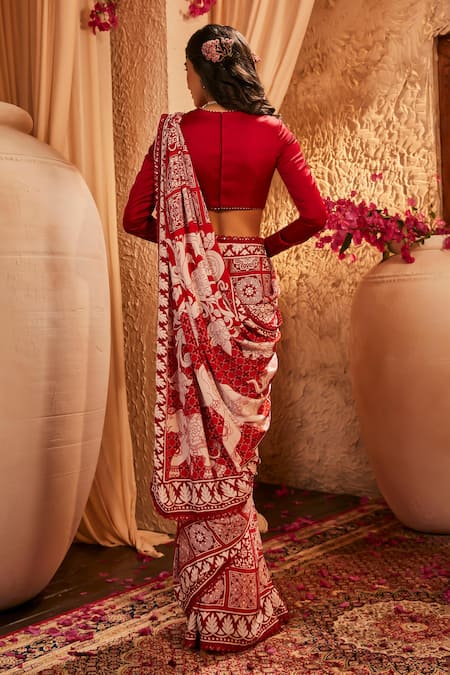 The Royaleum Red Bandhani Print Silk Saree Set 