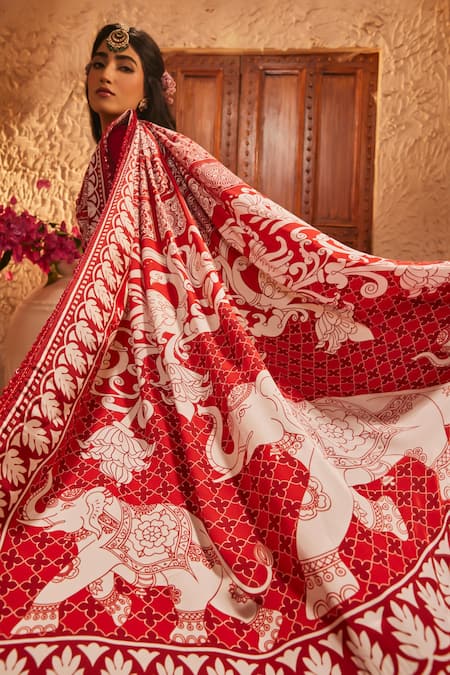 Shop_The Royaleum_Multi Color Silk Embroidery Round Neck Red Bandhani Print Saree Set _Online_at_Aza_Fashions