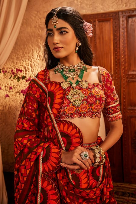The Royaleum_Red Silk Embroidery Square Neck Floral Printed Lehenga Set _Online_at_Aza_Fashions