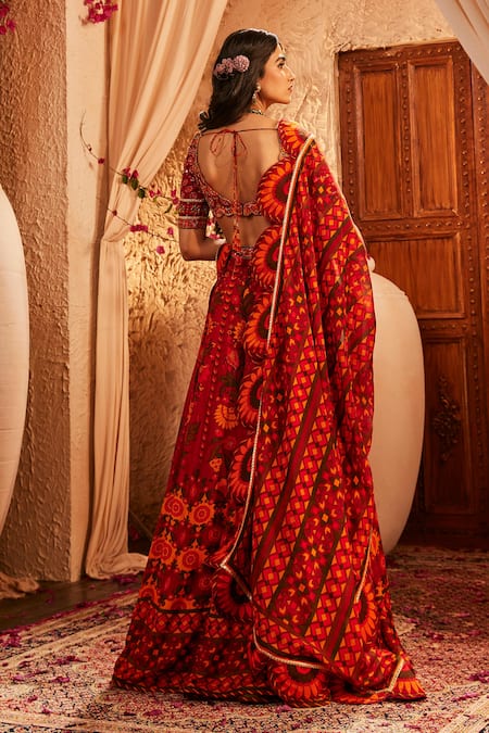 The Royaleum Floral Printed Red Lehenga Set 