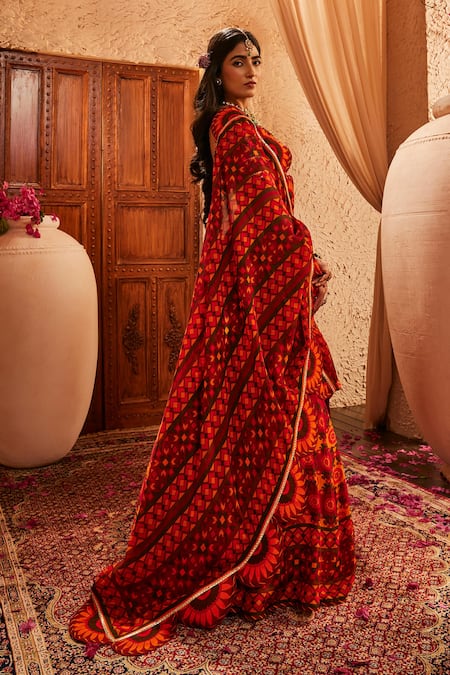 Shop_The Royaleum_Red Silk Embroidery Square Neck Floral Printed Lehenga Set _Online_at_Aza_Fashions