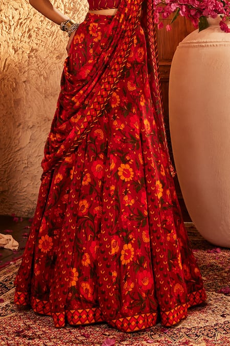 Buy_The Royaleum_Red Silk Embroidery Sweetheart Neck Multi Colour Printed Corset Lehenga Set _Online_at_Aza_Fashions