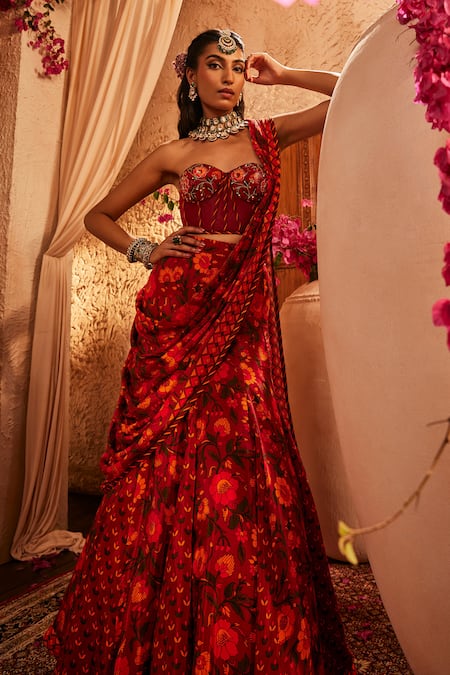 Shop_The Royaleum_Red Silk Embroidery Sweetheart Neck Multi Colour Printed Corset Lehenga Set _Online_at_Aza_Fashions