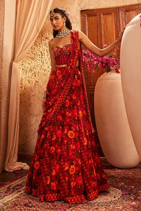The Royaleum_Red Silk Embroidery Sweetheart Neck Multi Colour Printed Corset Lehenga Set _at_Aza_Fashions