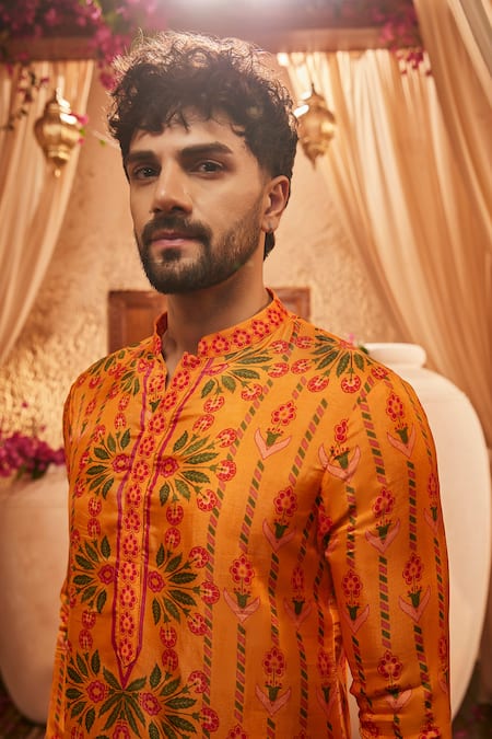 Shop_The Royaleum_Multi Color Silk Embroidery Vibrant Yellow Traditional Print Kurta _Online_at_Aza_Fashions