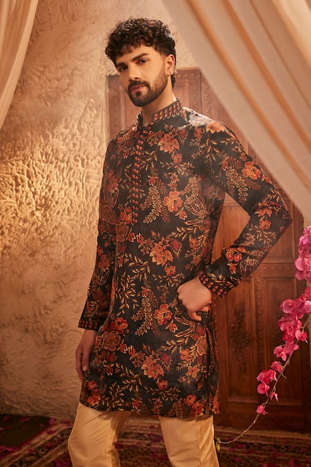 The Royaleum_Multi Color Silk Embroidery Black Printed Kurta _Online_at_Aza_Fashions