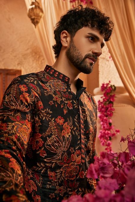 Buy_The Royaleum_Multi Color Silk Embroidery Black Printed Kurta _Online_at_Aza_Fashions