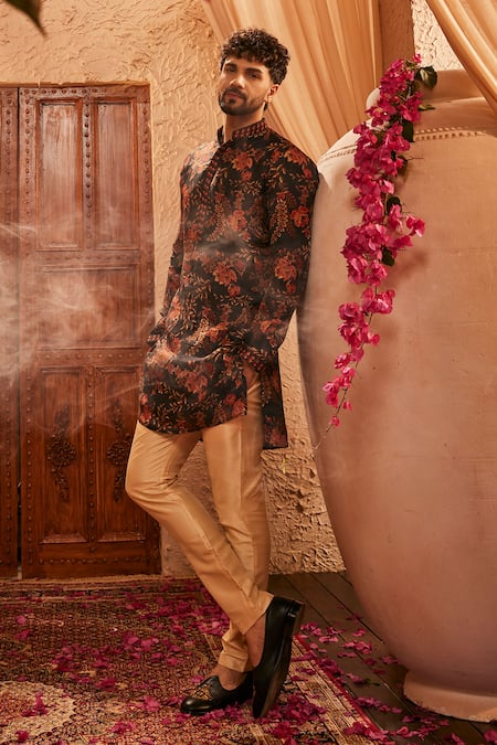 Shop_The Royaleum_Multi Color Silk Embroidery Black Printed Kurta _Online_at_Aza_Fashions