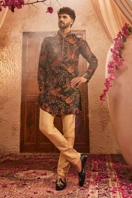 The Royaleum_Multi Color Silk Embroidery Black Printed Kurta _at_Aza_Fashions