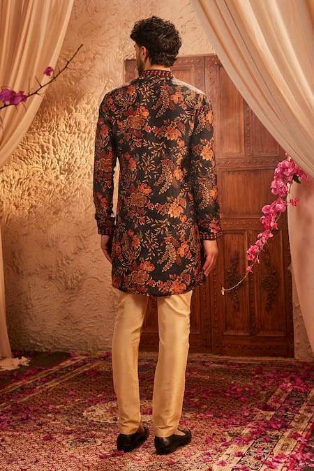 The Royaleum Black Printed Silk Kurta 