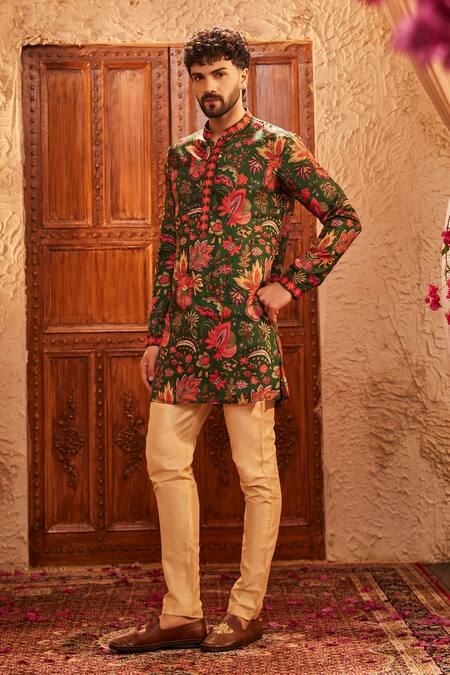 The Royaleum Multi Color Silk Embroidery Floral Print Green Kurta Online at Aza Fashions The Royaleum_Multi Color Silk Embroidery Floral Print Green Kurta _Online_at_Aza_Fashions