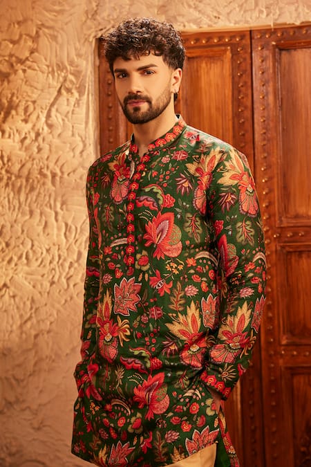 Buy The Royaleum Multi Color Silk Embroidery Floral Print Green Kurta Online at Aza Fashions Buy_The Royaleum_Multi Color Silk Embroidery Floral Print Green Kurta _Online_at_Aza_Fashions