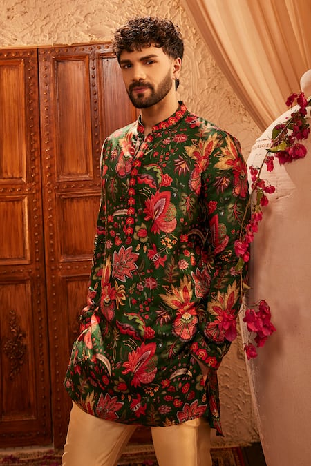 Shop The Royaleum Multi Color Silk Embroidery Floral Print Green Kurta Online at Aza Fashions Shop_The Royaleum_Multi Color Silk Embroidery Floral Print Green Kurta _Online_at_Aza_Fashions