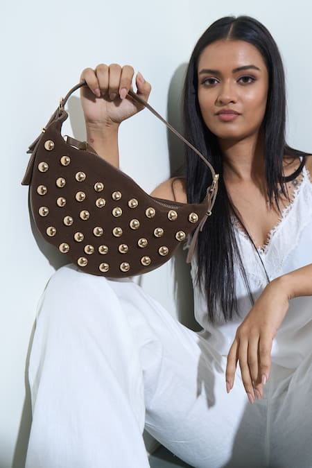 Trov_Brown Studs Aylin Crescent Handbag _Online_at_Aza_Fashions