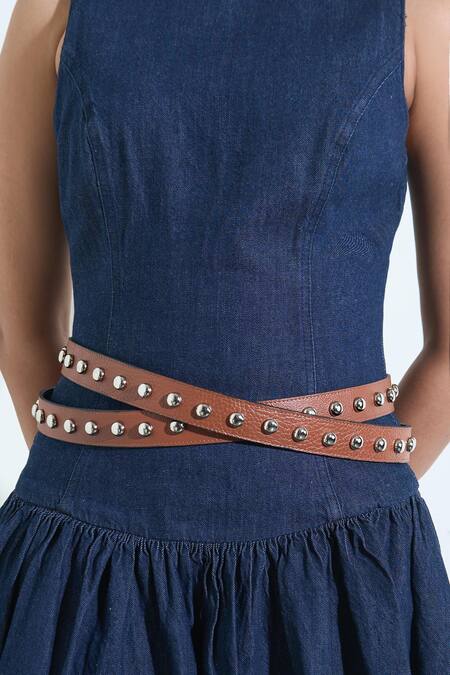 Trov Brown Studs Studded Double Leather Belt Online at Aza Fashions Trov_Brown Studs Studded Double Leather Belt _Online_at_Aza_Fashions