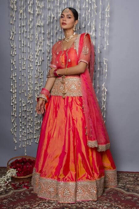 Shweta Dabas_Orange , Organza Embroidery, Zari Round Neck Lehenga Set With Dupatta _Online_at_Aza_Fashions