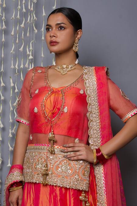 Buy_Shweta Dabas_Orange , Organza Embroidery, Zari Round Neck Lehenga Set With Dupatta _Online_at_Aza_Fashions